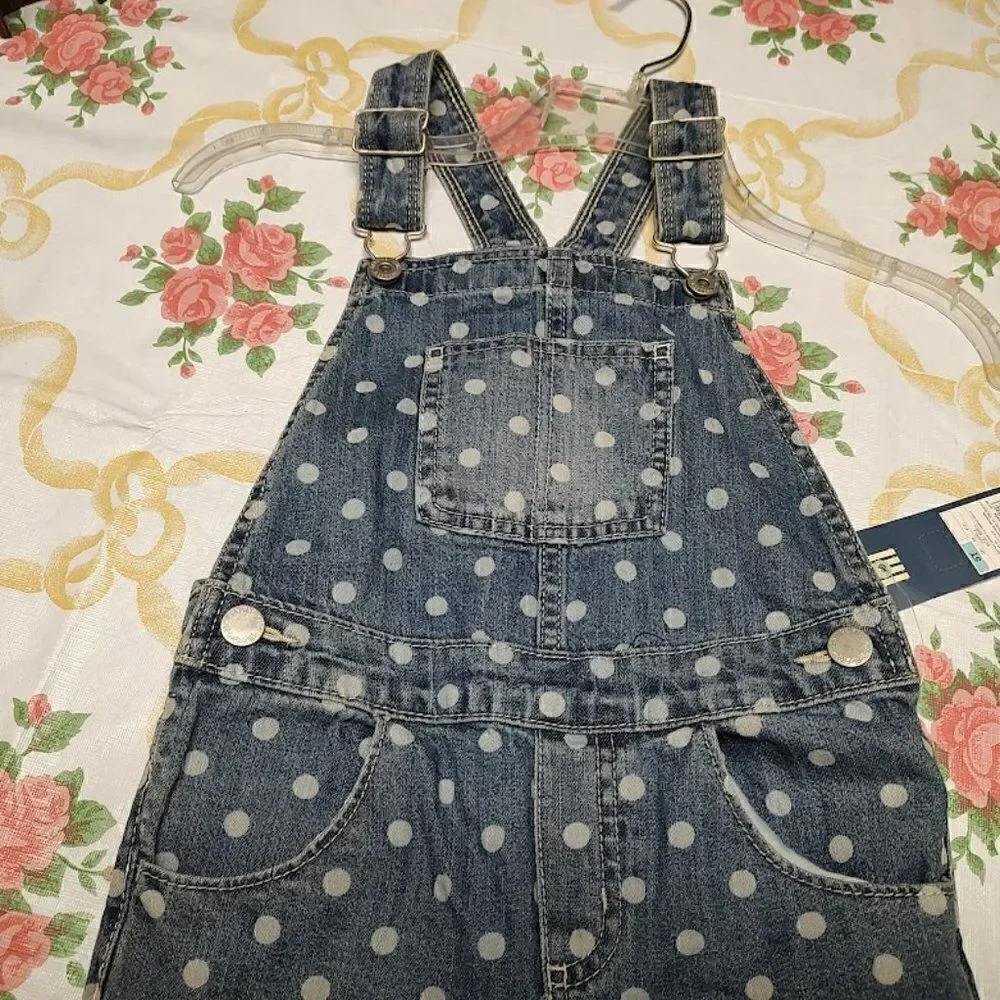 New Osh Kosh Blue Denim White Polka Dot Bib Overalls Girl's 5T